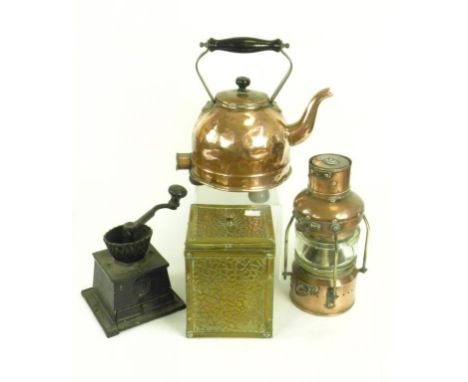 A BRASS SHIPS LAMP WITH SHERWOODS BURNER, A SHEET BRASS COVERED TEA CADDY, A COPPER EARLY ELECTRIC KETTLE AND A VICTORIAN CAS