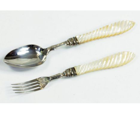 A VICTORIAN ENGRAVED SILVER CHILD'S SPOON AND FORK MOTHER OF PEARL HAFTED, SPIRALLY REEDED, BIRMINGHAM 1868, MOROCCO CASE