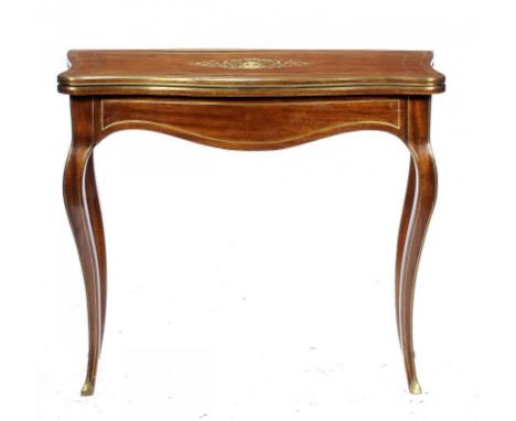 A FRENCH BRASS INLAID MAHOGANY SERPENTINE CARD TABLE, 19TH CENTURY