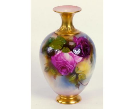 A ROYAL WORCESTER VASE, PAINTED BY K. H. BLAKE, SIGNED, WITH HADLEY STYLE ROSES, PUCE PRINTED MARK, EARLY 20TH CENTURY