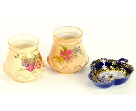 TWO MATCHING ROYAL WORCESTER VASES, DECORATED WITH FLOWERS ON A SHADED APRICOT GROUND, PUCE PRINTED MARK, EARLY 20TH CENTURY 