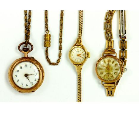 A GOLD KEYLESS CYLINDER FOB WATCH, TWO GOLD LADY'S WRISTWATCHES AND A BASE METAL NECKLACE