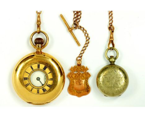 A 9CT GOLD WATCH CHAIN AND SHIELD, 33G, A GOLD PLATED KEYLESS LEVER HALF HUNTING CASED WATCH AND AN EPNS SOVEREIGN CASE