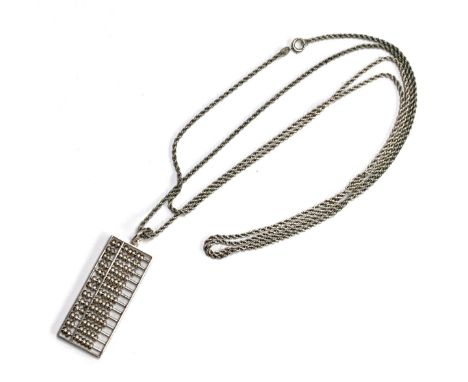 A silver abacus pendant on a long silver ropetwist chain, 150cmL unclasped length, gross weight 57g 