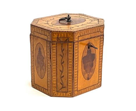 A George III octagonal tea caddy, with marquetry inlay, 13cmH 