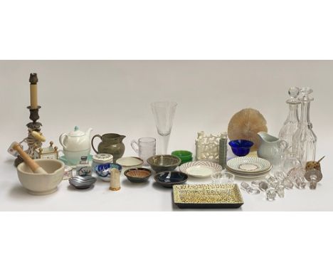 A mixed lot of ceramics to include hand decorated Russian plate; tapas bowls; Victorian lustre jug; engraved glass small vase