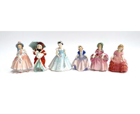 A group of six small Royal Doulton lady figurines: 'Lily', 'Miss Muffet', 'The Bridesmaid', 'Dinky Do', 'Bo-Peep' and 'Rose',