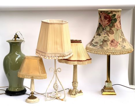 Five table lamps to include a gilt metal and onyx column lamp on plinth base, height to top of fitting 47.5cm 