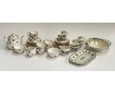 A Colclough part tea service in rose pattern; together with a Royal Malvern part tea service; Spode dish and art deco Wilkins