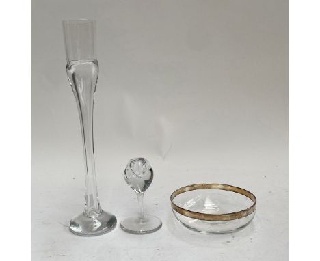 A Daum glass candlestick holder of flower bud form, 11cmH; a tall Daum glass vase, 34cmH; and a Christofle glass bowl with si