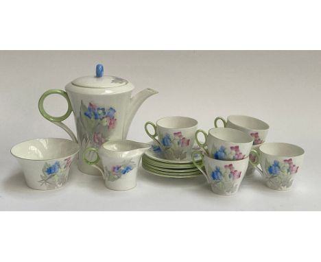 A Shelley Blue Phlox art deco part tea set, 15 pieces, comprising coffee pot, sugar bowl, milk jug, cups (6) and saucers (6),