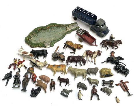 A quantity of lead horses, riders, figures, farmyard animals, accessories etc, to include Britains, together with a Louis Mar