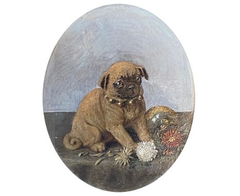 Horatio Henry Couldery (1832-1918), puppy playing with flowers, oil on board, signed with monogram lower right, 25x20cm 