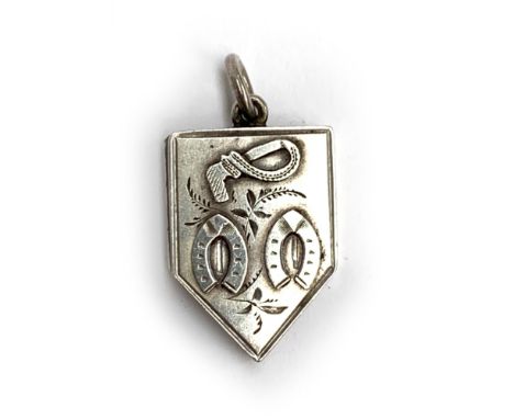 A Victorian silver locket, with whip and horseshoe design, engraved May 13th 1890, 1.7cmW; together with a carved jet and she