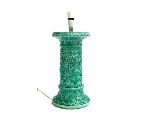 Interior design interest: a large green glazed ceramic column table lamp with sunflower and quatrefoil design, 37cmH to base 