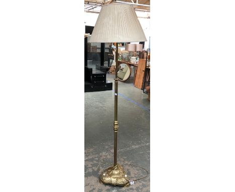 A heavy brass standard lamp, with pleated shade, 183cmH overall 