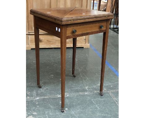 An Edwardian mahogany and line inlaid envelope card table, on square tapered legs, 51x51x78cmH 