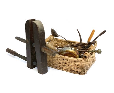 A mixed lot to include a large vintage wooden clamp, wicker basket etc 