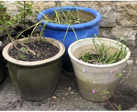 A large blue glaze ceramic planter, 42cmH 49cmD; together with two others 