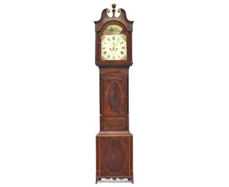 A George III mahogany cased long cased clock, with urn finial and broken pediment, over a domed and painted dial, signed W Wa