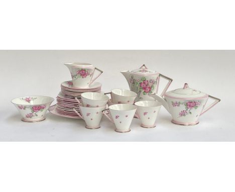 A Shelley Apple Blossom art deco tea set, 28 pieces, comprising teapot, coffee pot, tea cups (6), saucers (6), side plates (1