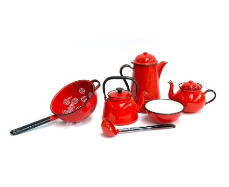 A quantity of vintage red enamel kitchenware, some Polish, to include colander, teapot, coffee pot, ladle etc 