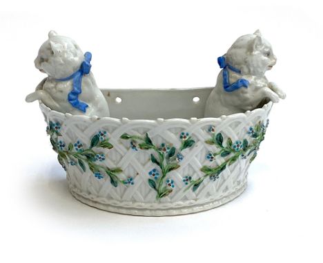 A Meissen style porcelain figural wall planter, white cats within a basket encrusted with flowers, marked to base, 22cmW 