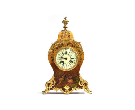 A French giltwood and ormolu mantel clock, in the manner of Vernis Martin, of bombe form, the enamel dial with Roman hours an
