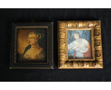 A small oil on panel, portrait of a Tudor lady and a 19th century Grand Tour watercolour, Cleopatra. H.14 W.12cm. (largest) 