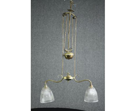 A vintage French twin light chandelier with rise and fall action. L.90cm. (as shown in photo) 