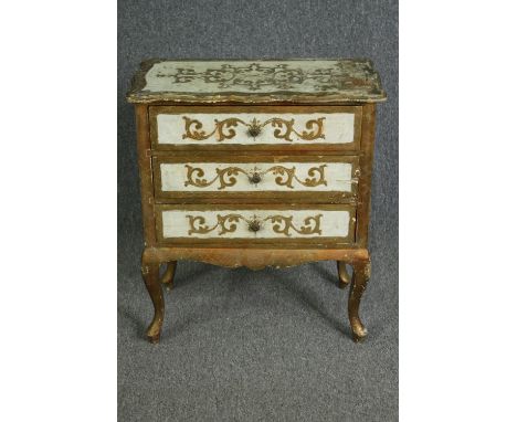 A vintage Florentine small commode with gilt and painted decoration. H.70 W.60 D.32cm. 