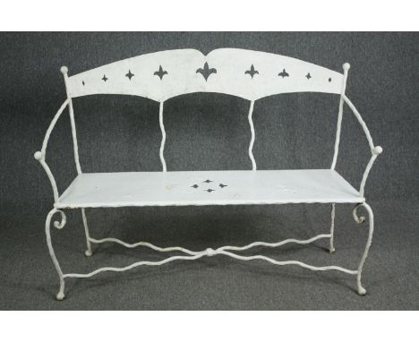 Garden or conservatory bench, C.1900 painted wrought iron and metal. H.38 W.135 D.48cm. 