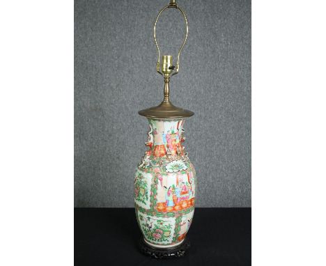 Vase, Chinese early 20th century Famille Rose hand painted porcelain on carved hardwood base, converted to a table lamp. H.84