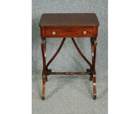 Lamp table, mid century mahogany on lyre supports. H.74 W.53 D.41cm. 