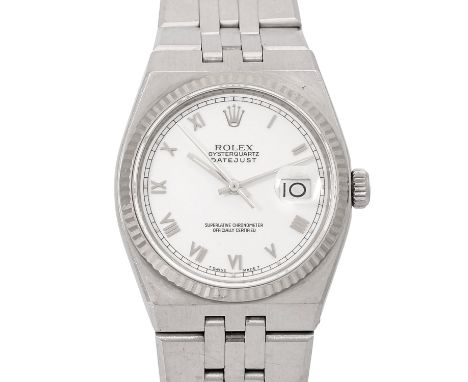 ROLEX Vintage Oysterquartz "Weiß Römisch", Ref. 17014. Armbanduhr. Ca. 1980er Jahre. Edelstahl, Lünette Gold 18K. Quarz-Werk,