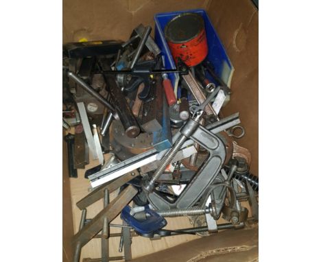 A BOX OF ASSORTED TOOLS AND CLAMPS ETC