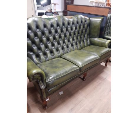 HIGH BUTTONBACK GREEN LEATHER CHESTERFIELD WING BACK SOFA