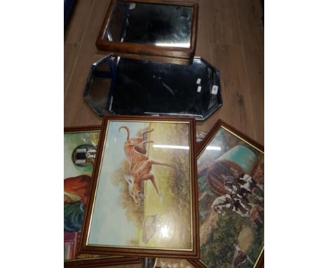 ASSORTMENT OF PICTURES AND PRINTS INC VINTAGE BEVELLED FRAMELESS MIRROR