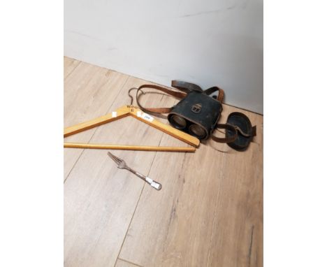 3 ITEMS FROM THE WORLD WAR 2 INC BINOCULARS A FORK AND A COAT HANGER
