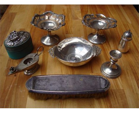 A mixed lot of sterling and 925 silver including a brush, pepperette, candlestick and various other items by several makers, 