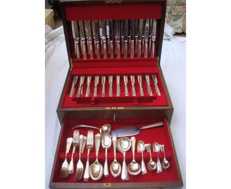 A mahogany cased canteen of cutlery.  Comprising Mappin & Webb stainless steel and silver plated cutlery.  With pull out draw