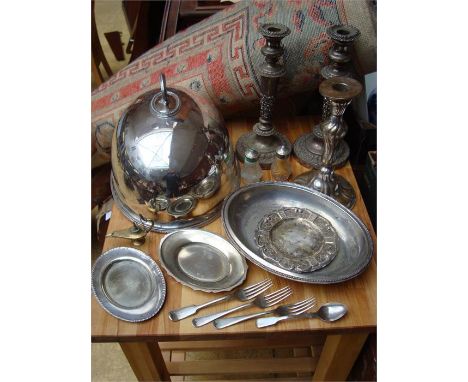 A quantity of silver plate and metal plate to include candlesticks, flatware etc.