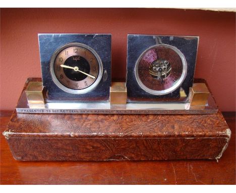 An Art Deco clock and barometer, 'Presented to Sgt Kettell on his Marriage by W/T Section 18 Sqdn. R.A.F France 1940' (boxed)
