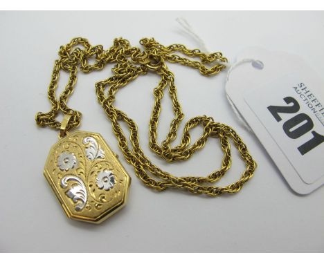 A Modern Locket Pendant, with foliate decoration, on a chain, stamped "9ct". 