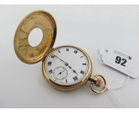 A 9ct Gold Cased Half Hunter Pocketwatch, the white dial (plastic glass loose) with black Roman numerals and seconds subsidia