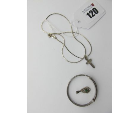 A Charles Horner Baby's Expanding Bangle, together with a single stone pendant and a cross pendant on chain. 