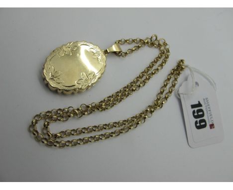 A Modern 9ct Gold Oval Locket Pendant, foliate engraved, on a 9ct gold belcher link chain. 