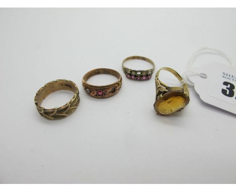 A 9ct Gold Band, as stylised leaves (finger size K); Together with Another 9ct Gold Ring, (pearl missing); An Antique 12ct Go