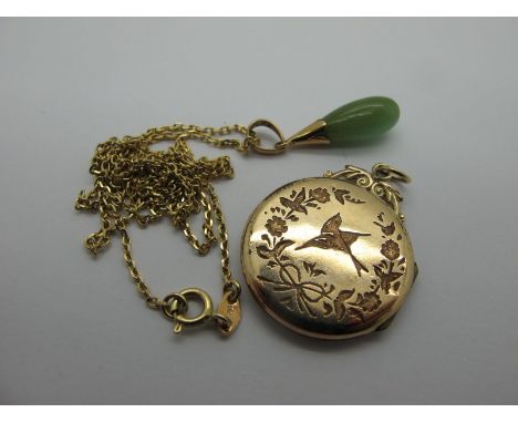 A Hardstone Teardrop Pendant, on fine chain, stamped "585" (3grams), together with an ornate circular locket pendant, of flor
