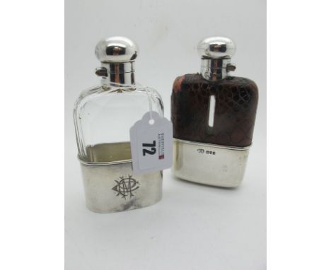 A Hallmarked Silver Mounted Glass Hip Flask, Arthur &amp; John Zimmerman, Birmingham 1904, the removable base cup monogrammed